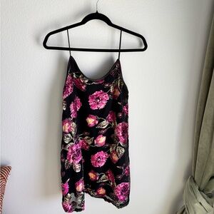 Boho Black Mini Dress with Velvet Pink Floral Design in size small by Mi Ami